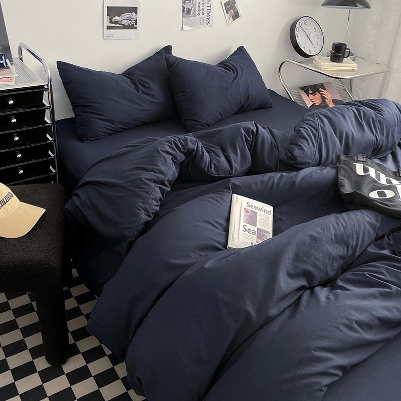 Bettwäsche-Set aus gewaschener Baumwolle 4-teilig Bettlaken-Set Einfarbig Bettbezug Paar Queen King Size Bett Steppdeckenbezug