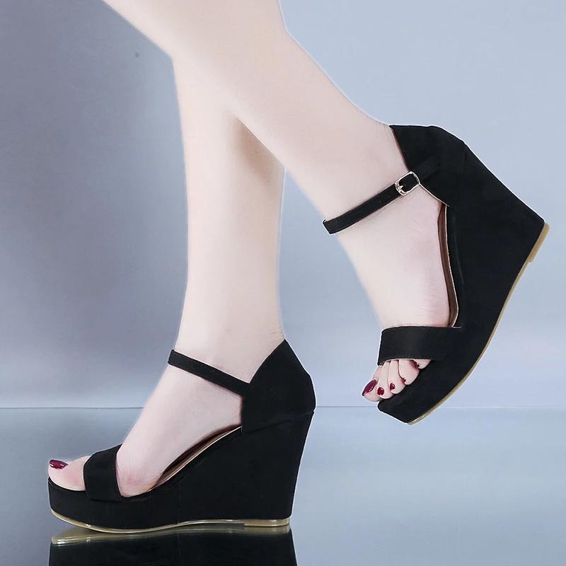 

2025 New Women Shoes Platform Sandals Women Peep Toe High Wedges Heel Ankle Buckles Sandalia Espadrilles Female Sandals Shoes 41 чорний