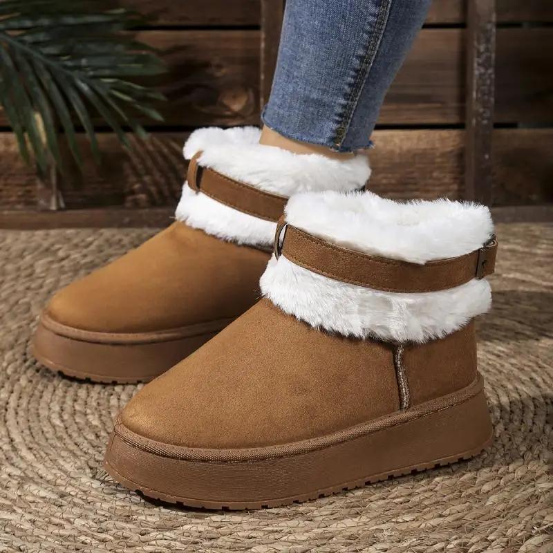 Metal Buckle Thicken Warm Faux Fur Ankle Boots Women Winter Platform Short Plush Snow Boots Woman Non Slip Soft Cotton Shoes