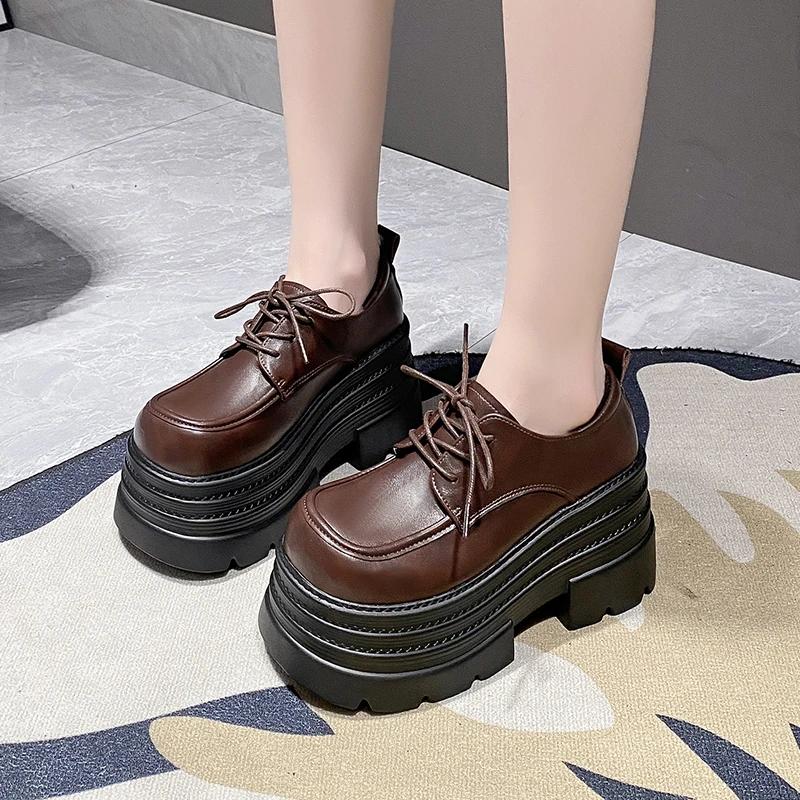 

Туфли на высоком каблуке 10 см для женщин, водонепроницаемые кроссовки на платформе из ПУ кожи, повседневные удобные лоферы на толстой подошве, zapatos de mujer 34 коричневый