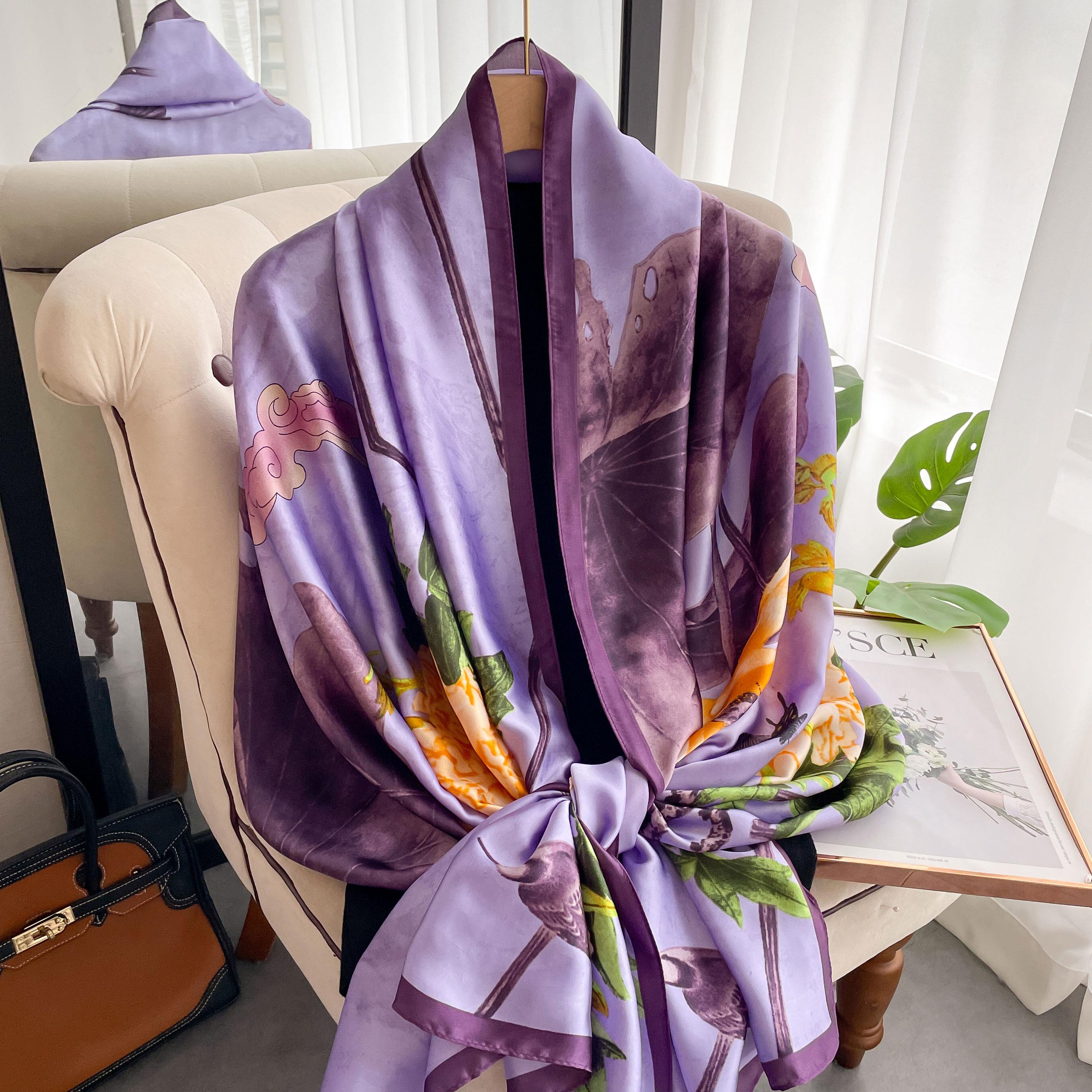 

Style 180*90Cm Fashion Dustproof Big Bandanna Popular Satin Finish Silk Shawls Scarves Luxury Print Sunscreen Beach Towel