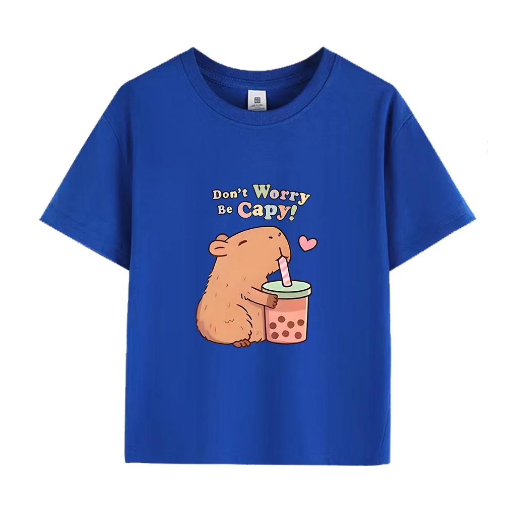 Capybara Kids Summer Cartoon Print T-Shirt 100% Cotton Short Sleeve Crewneck Casual Top for Girls Fashion Tees