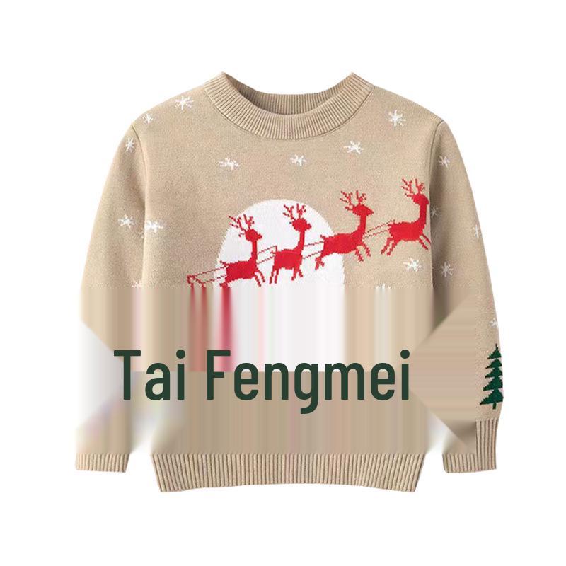 Christmas Kids' Sweater with Cartoon Sleigh, Reindeer & Santa Claus, Pullover Design, Long Sleeve
