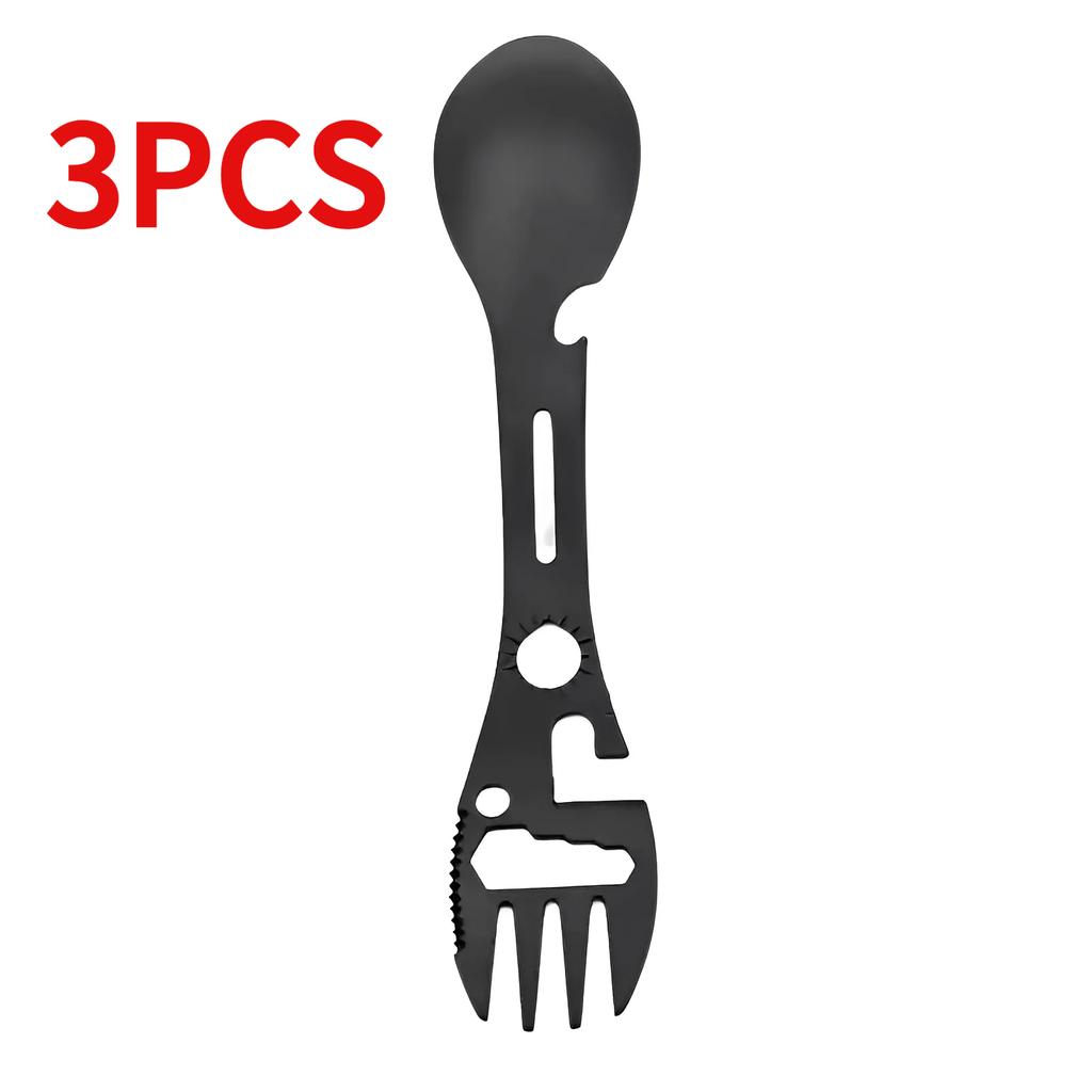 Multi Functional Camping Stainless Steel Spoon Fork Portable Thick Outdoor Tableware Set Integrated Bottle Opener