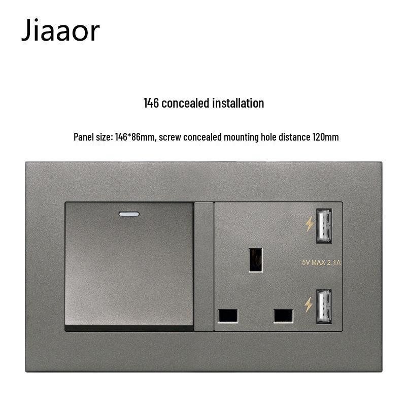 Grey British Standard Double Gang Switch Socket with USB & Type C - Hong Kong/Macau Compatible, Concealed 86 Type