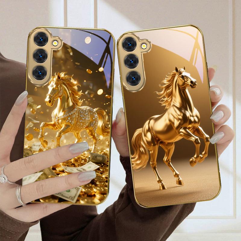 A lovely golden steed For Samsung Galaxy S20 FE S21 S22 Ultra S23 Plus S24 Ultra 25Ultra S21+ S9+ 22Plus Golden glass phone case
