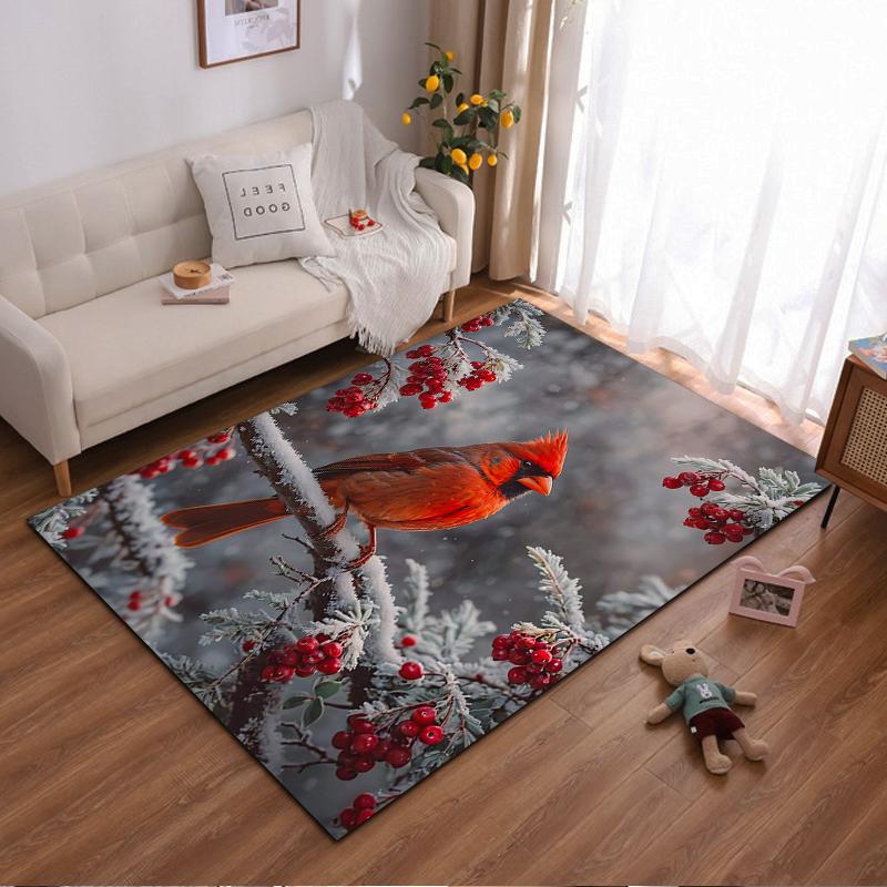 Red Cardinal Bird on Snowy Branches with Berries Non-slip rug suitable for living room and bedroom sofas.