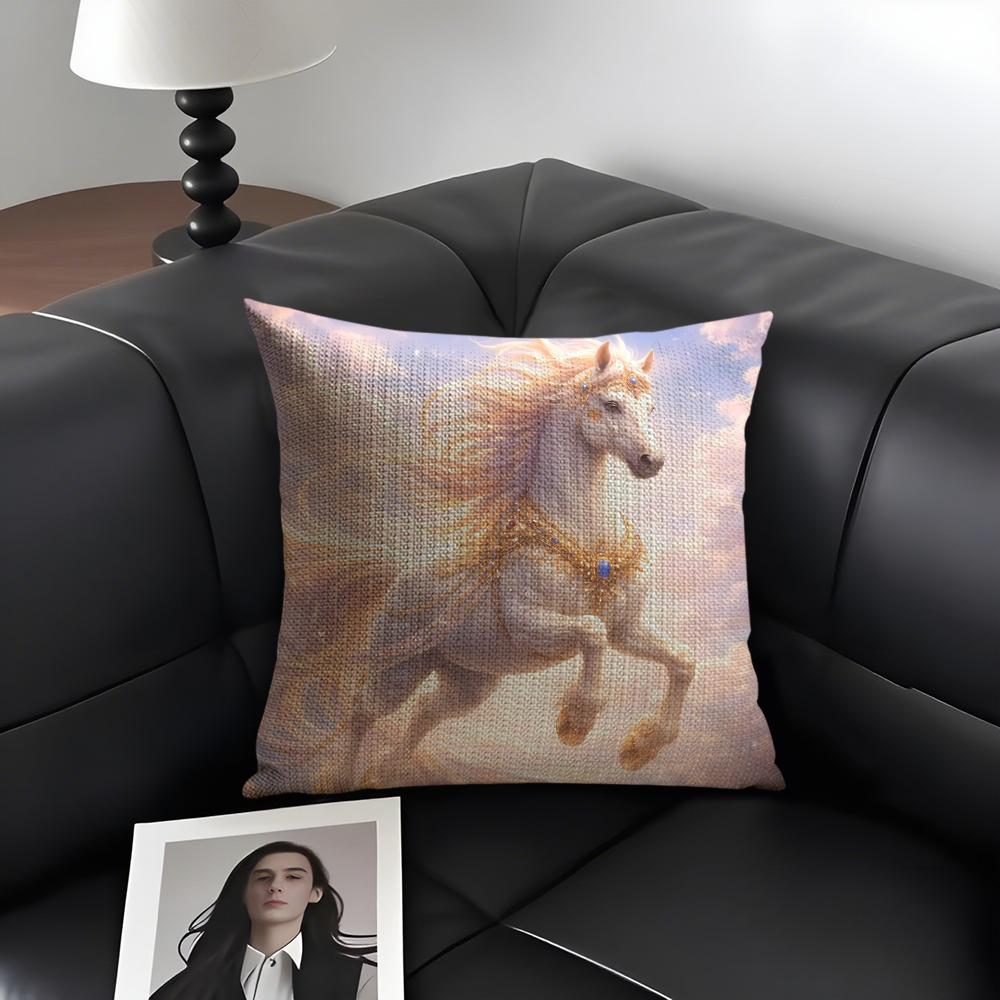 White Horse Luxury Cushion Cover Natural Linen Organic Fabric DoubleSided Printing Sofa Home Decor Gift Pillow Case