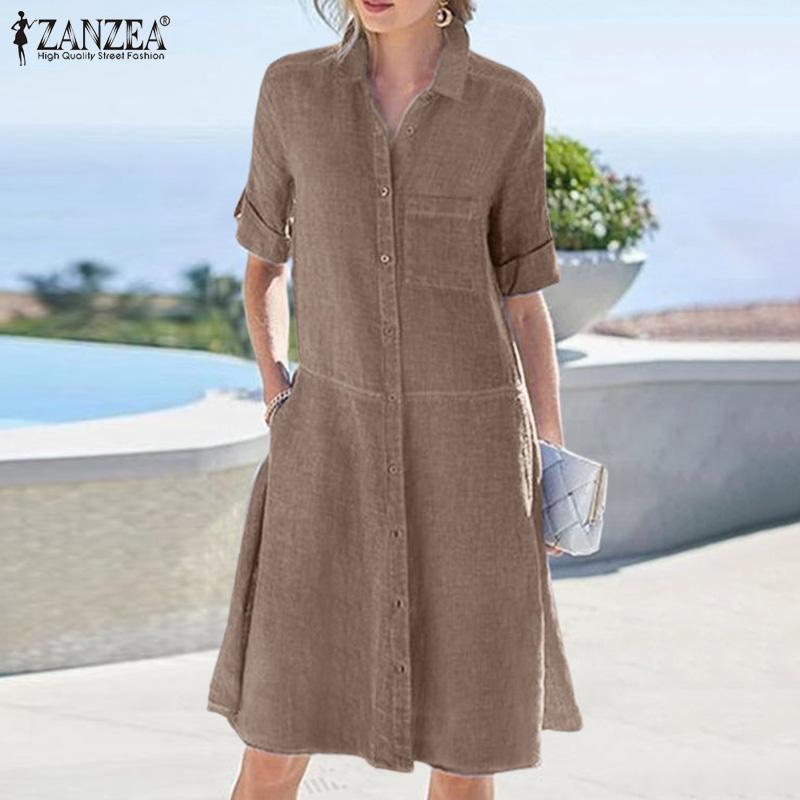 

ZANZEA Женское повседневное свободное платье с отложным воротником и половиной рукавов