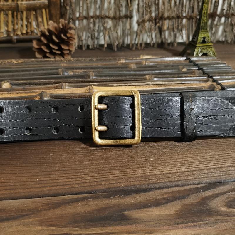 Belt Men's Korean-Style Retro Distressed Trendy Unique Double Needle Copper Buckle Genuine Leather New Pure Cowhide Jeans Belt