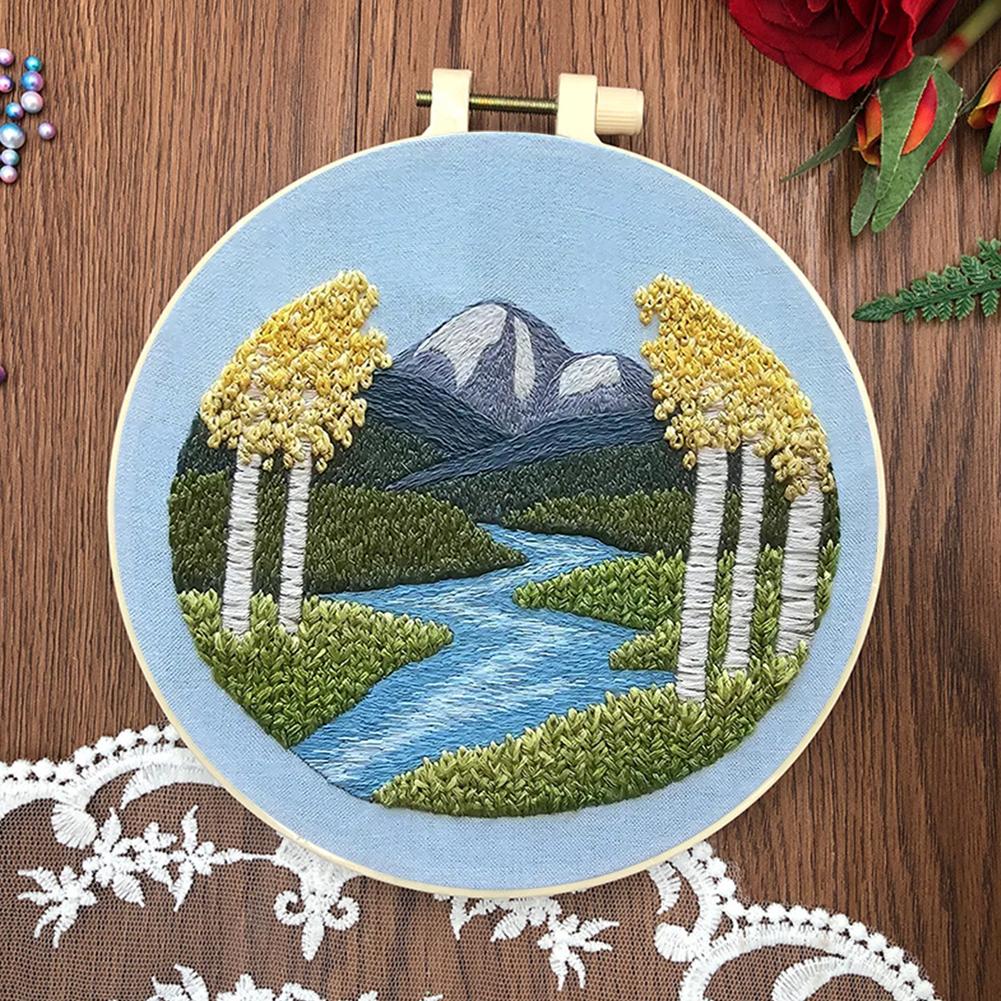 Landscape Stamped Cross Stitch Embroidery Kits with Hoop Cloth Color Thread