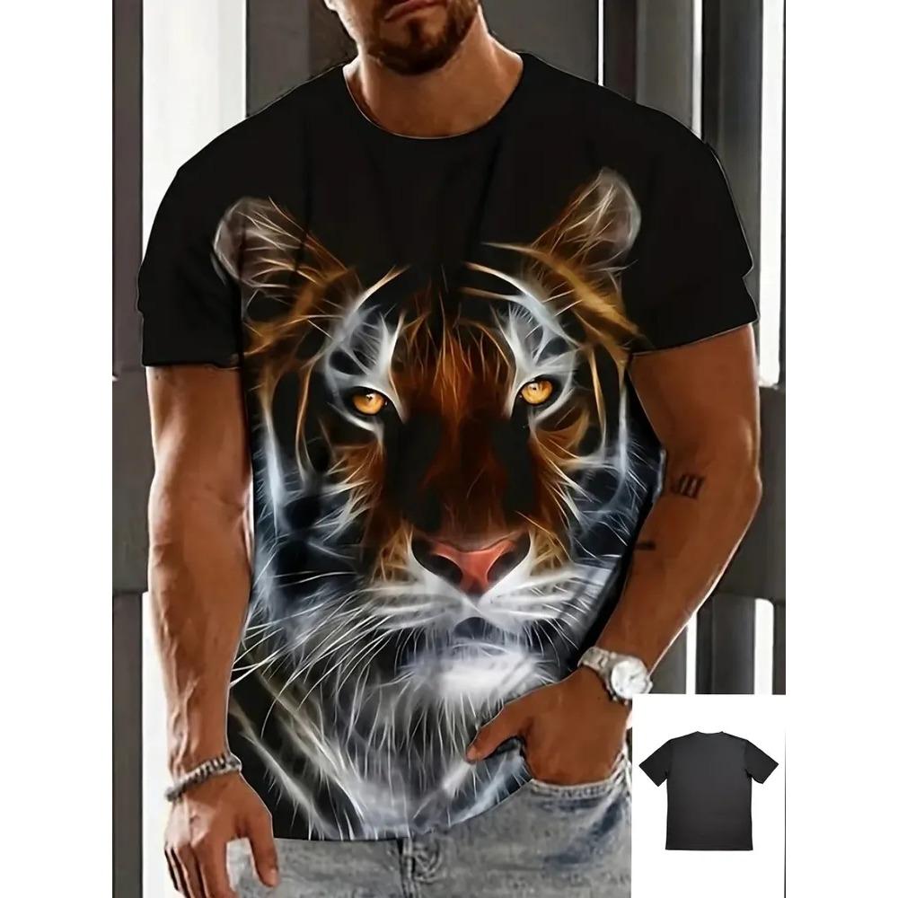 T-shirt à manches courtes imprimé animal 3D à col rond à la mode, personnalité, polyvalent, loisirs, pour hommes, ample, grande taille
