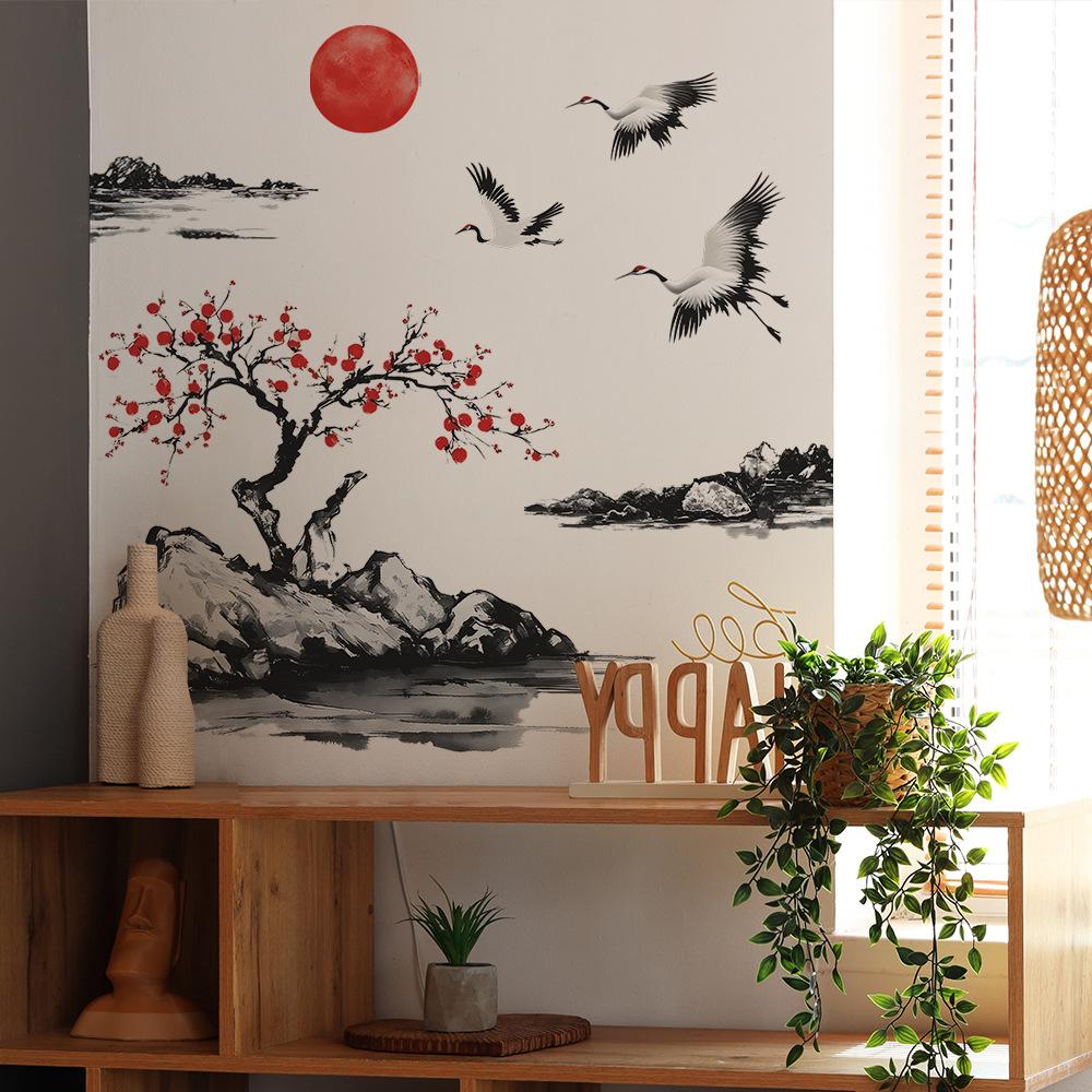 2 Pcs Chinese Style Plum Blossom Sunset Bedroom Living Room Home Background Beautification Decoration Wall Stickers
