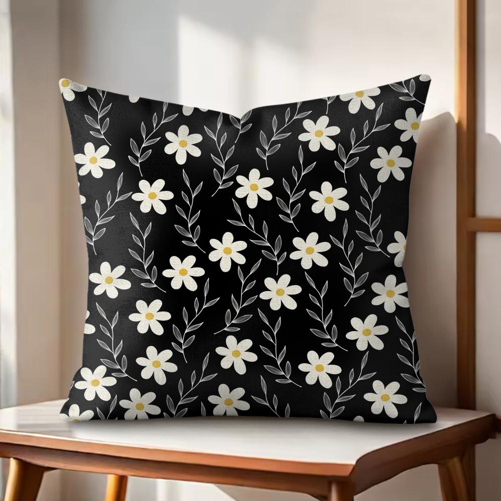Black Daisy Cushion Cover Natural Linen Organic Fabric DoubleSided Printing Couch Pillow Covers Home Decor