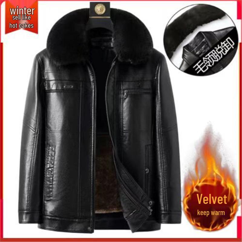 Men's Thickened Winter Leather Jacket with Fur Lining for Middle-Aged and Elderly Dads
