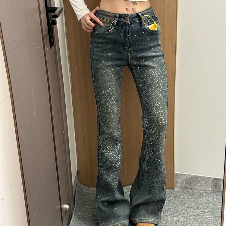 Fashionable Plus Size Jeans Women Retro American Star Rhinestone Flared Bootcut High Waist Stretch Denim Pants S