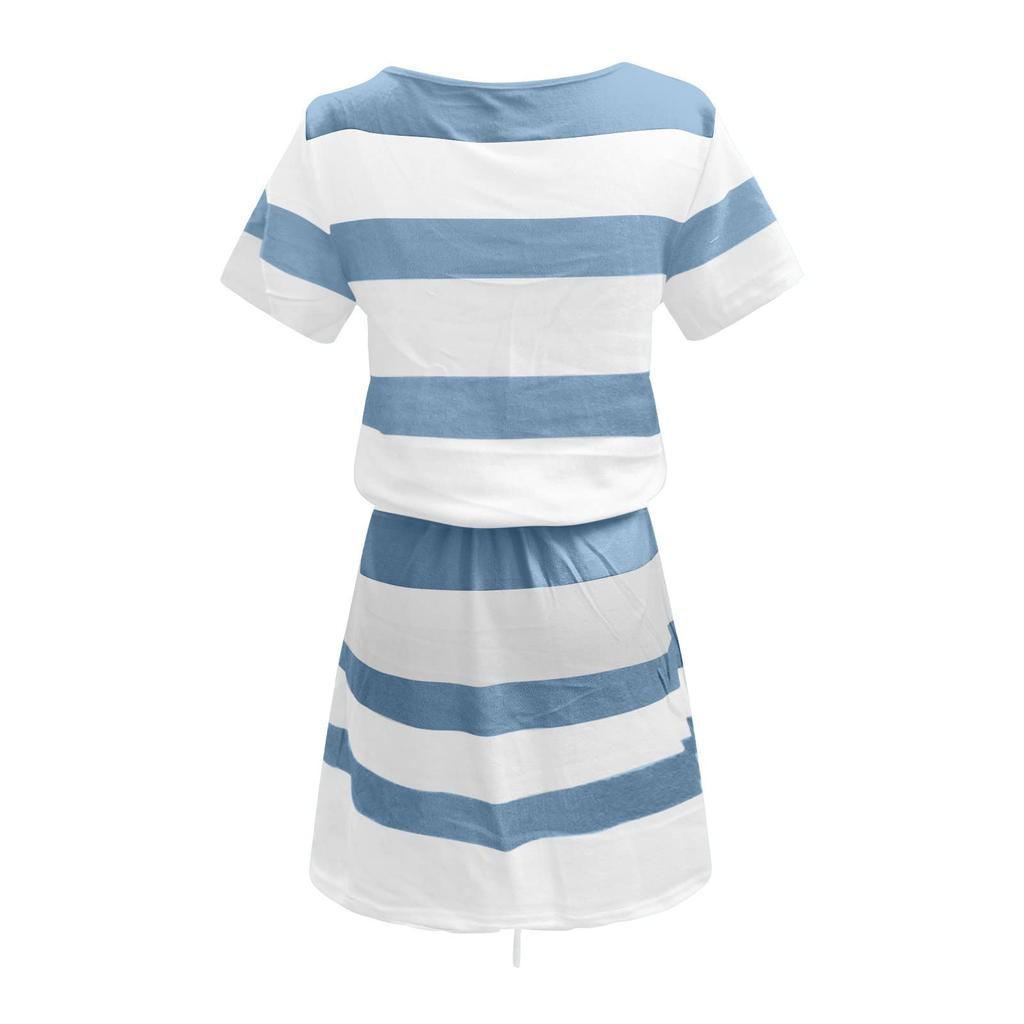 Women’s Short Sleeve V Neck Striped Mini Dress with Drawstring Waist and Front Pockets Casual Loose Fit Summer Dress