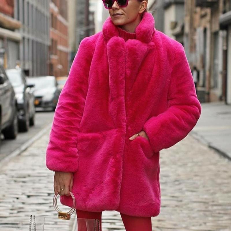Warme Bontjas Dames Herfst Winter Dikke Omgeslagen Kraag Zakken Losse Dames Overjas Nieuwe Mode Effen Straat Dame Buitenkleding