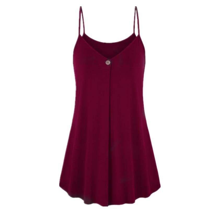Elegant Women's Fashion Summer Plus V-neck Sleeveless Button Loose Hem T Shirt