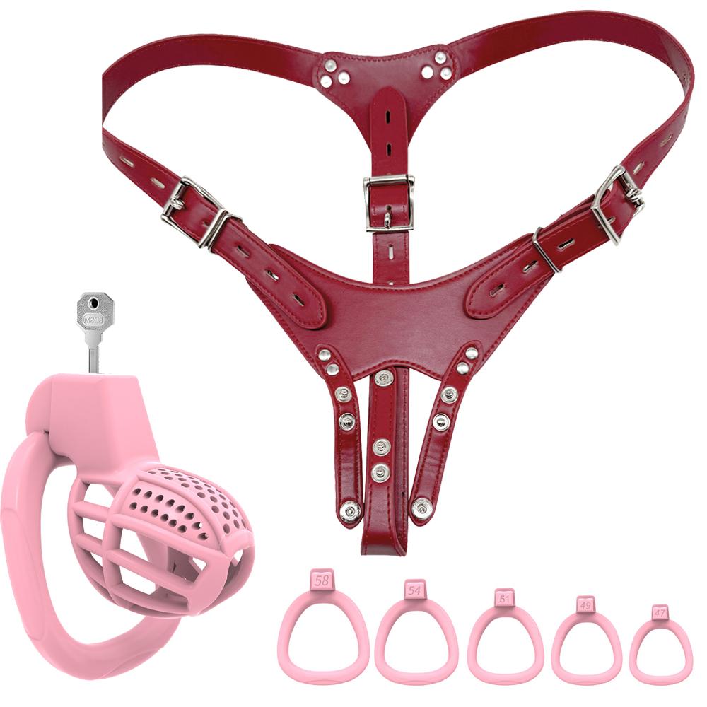 Pink Adjustable Male Chastity Device with Birdcage Cage 5 Ring Sizes Secure Long-Term Chastity Harness for BDSM Training Couple