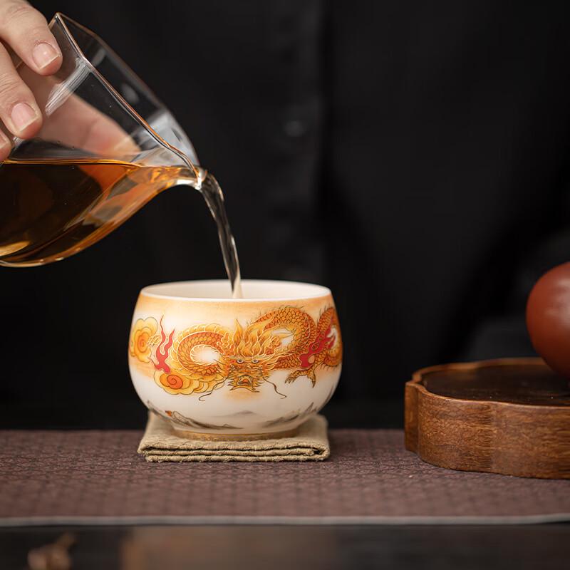 Wang Wenke Mutton Fat Jade Ceramic Dragon Zen Teacup