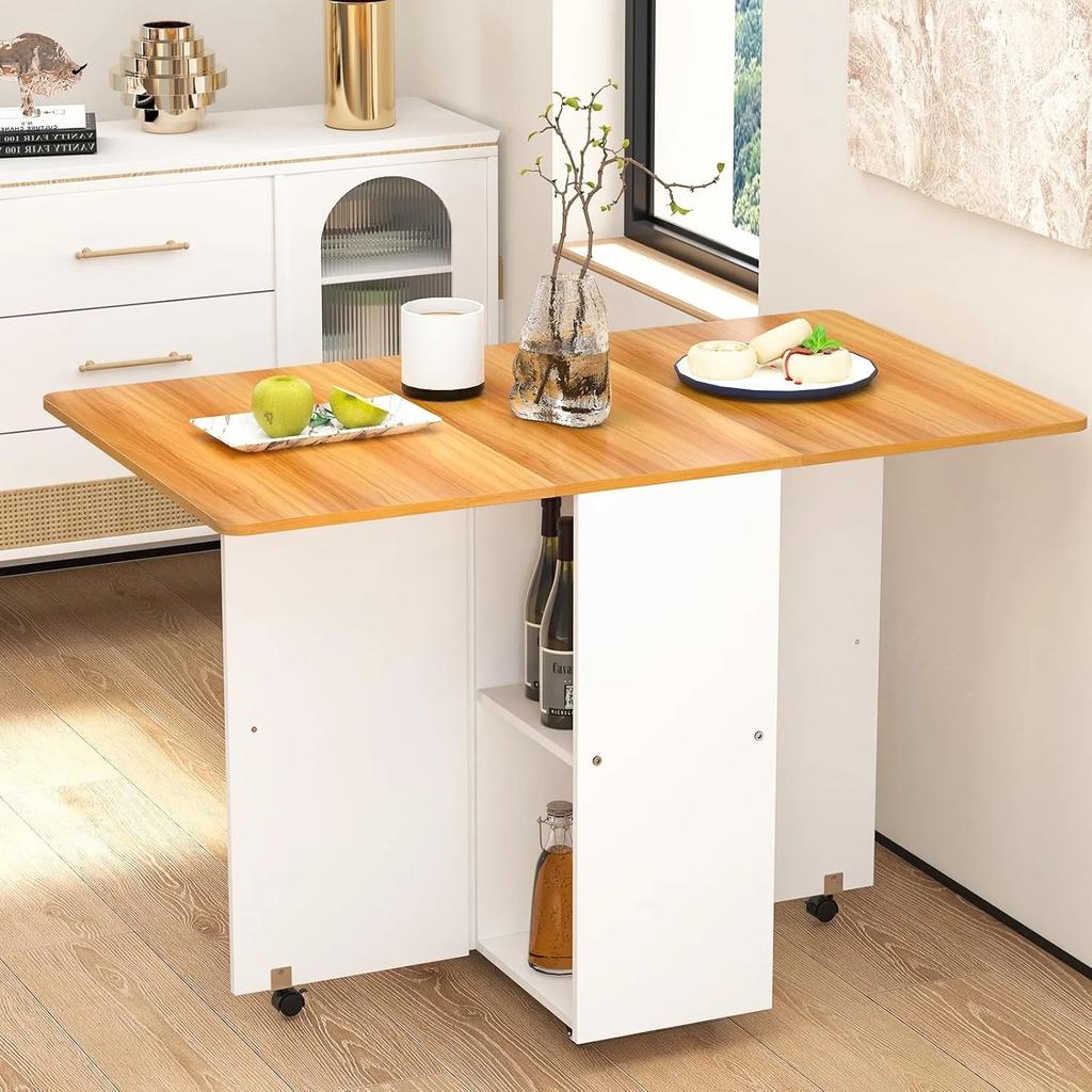 120x70x78cm Storage Table Folding Dining Table with Wheels Mobile Wood Foldable Side Table Shelf Extendable Dining Table