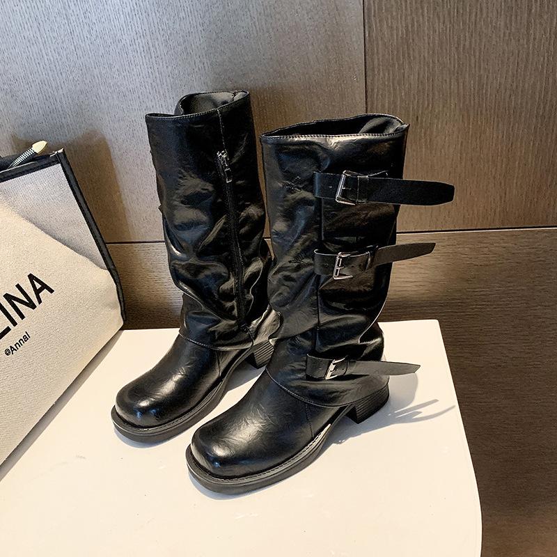 Thick-soled thick-heeled belt buckle pleated medium boots women's 2025 autumn new trousers Martin boots Western cowboy short boots