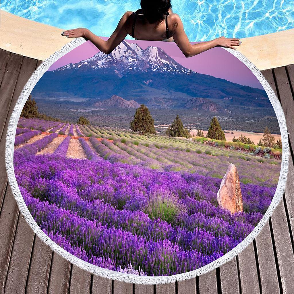 Purple Flower Lavender Round Beach Towel, Microfiber Beach Blanket Absorbent Quick Dry Swim Pool Bath Circle Towel with Tassels