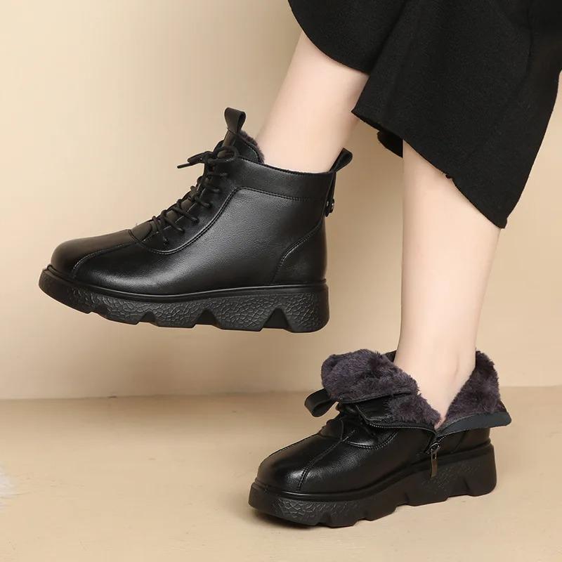 Women Boot Winter 2024 Women Genuine Leather Ankle Boots Female Round Toe Solid Colors Warm Fur Winter Boots for Women Boots