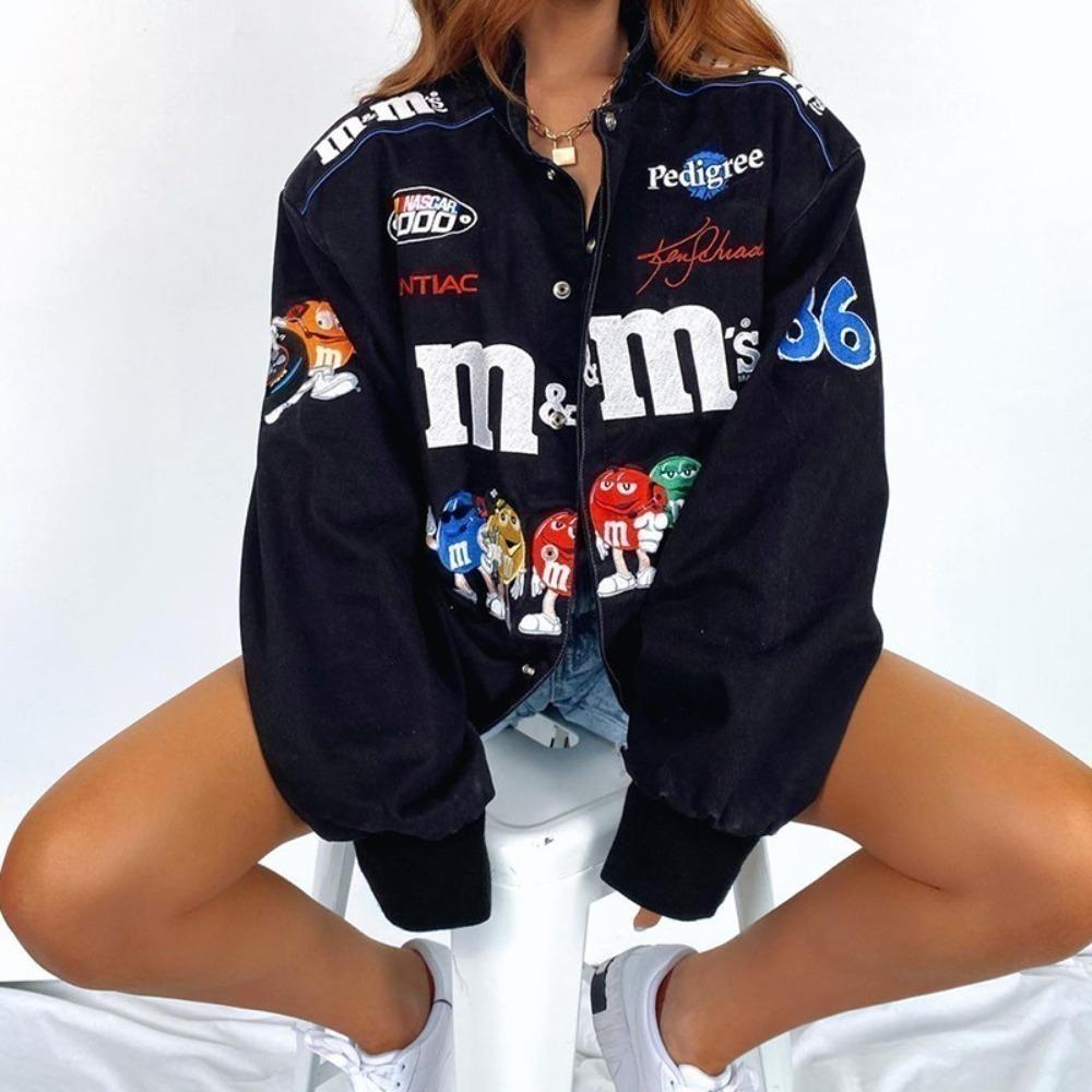 Women's Oversized Stand Collar M&M Cartoon Graphic Print Single Button Long Sleeve Racing Windbreaker Jacket Coat