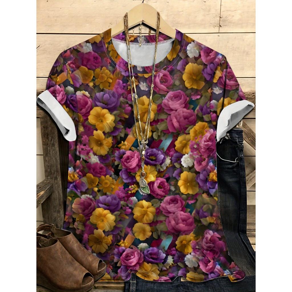 Summer Round Neck Flower Pattern 3D Print Top Fashionable Casual Short Sleeved Women's T-shirts