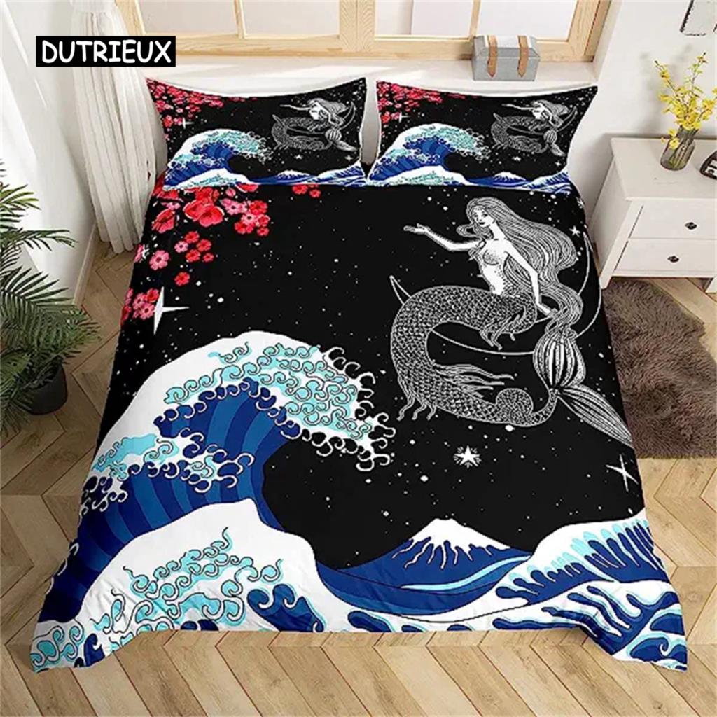 Duvet Cover Japanese Style Sea Ocean Waves Nautical Hand Drawn Japanese Style Cover Illustration Ukiyoe Themed Decor Blue Cream