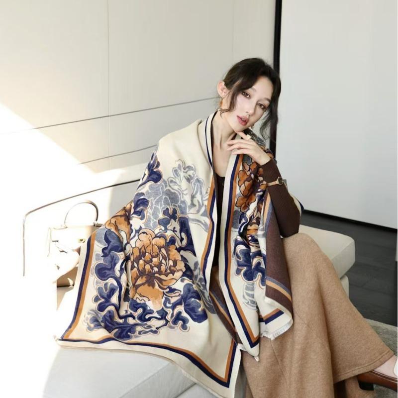 Elegant White Rose Print Thick Faux Cashmere Versatile Scarf For Women