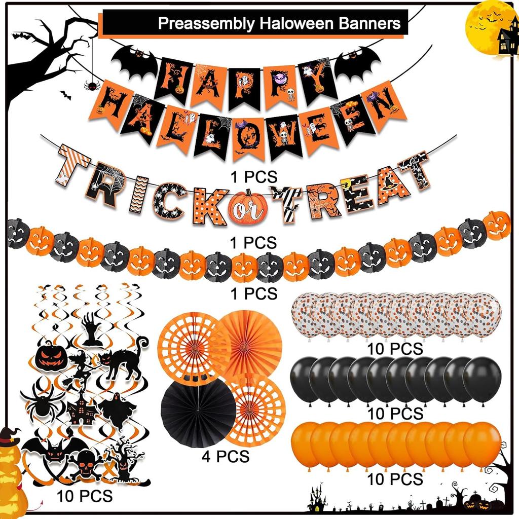 Happy Halloween Trick or Treat Banner Paper Fan Balloons & Swirl Streamers Goul Bat Cat Bird Ghost Pumpkin Lantern for Party Decorations
