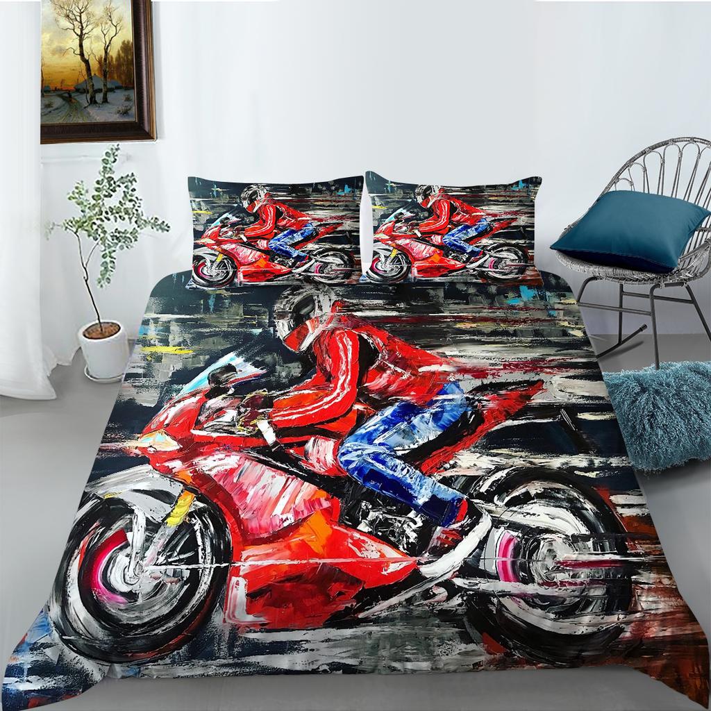 Comfortable Motorcycle Themed Bedding Set 3D Down Duvet Cover 2/3 Pieces for Boys/teenagers/men's Rooms AU180 * 210 Full Size Duvet Cover