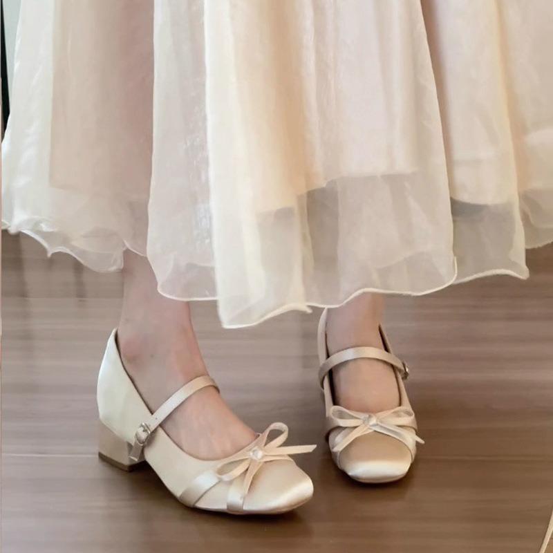 Inner height increase 7cm satin bow Mary Jane women's shoes high heel new thick heel single shoes ballet shoes