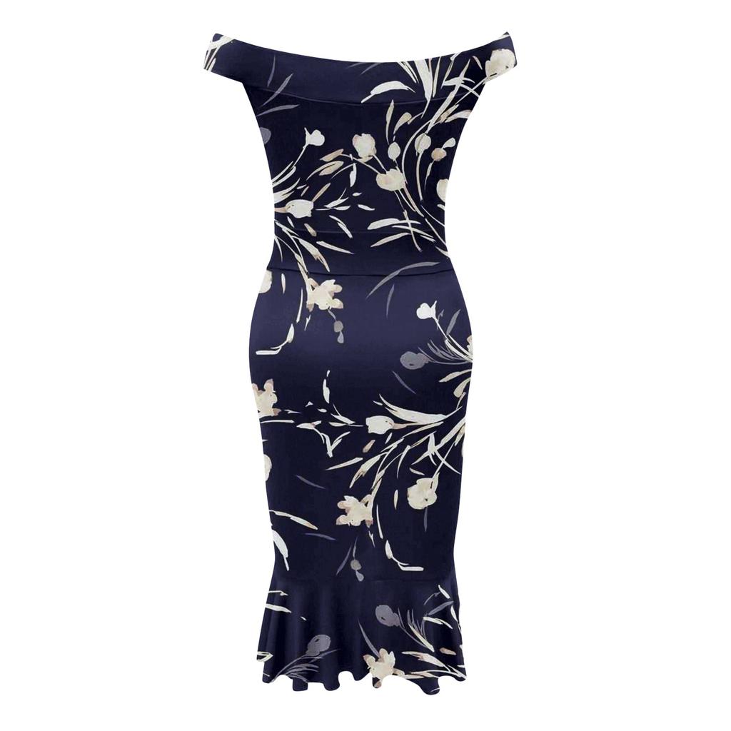 Women's Casual Party Dresses Flower Print Irregular Hem One Shoulder Sexy Backless Mermaid Dress
