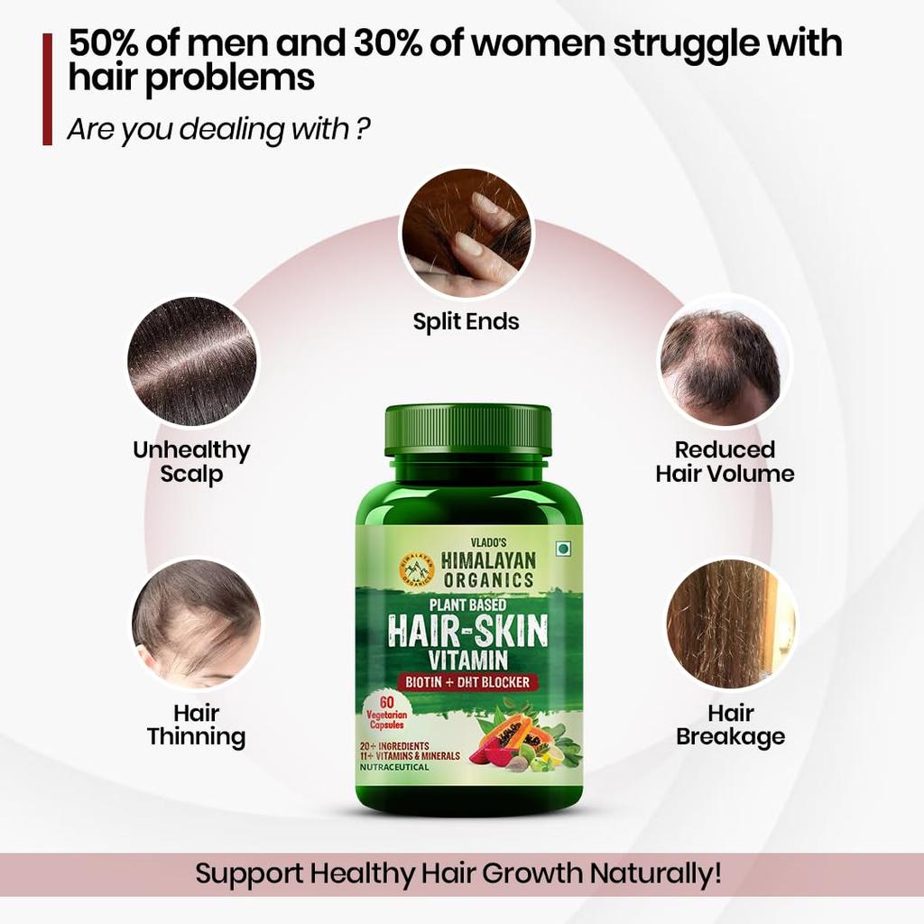 Vlado's Himalayan Organics Biotin DHT Blocker Capsules Plant Based Hair Support Supplement For Men Women 60 Veg Capsules