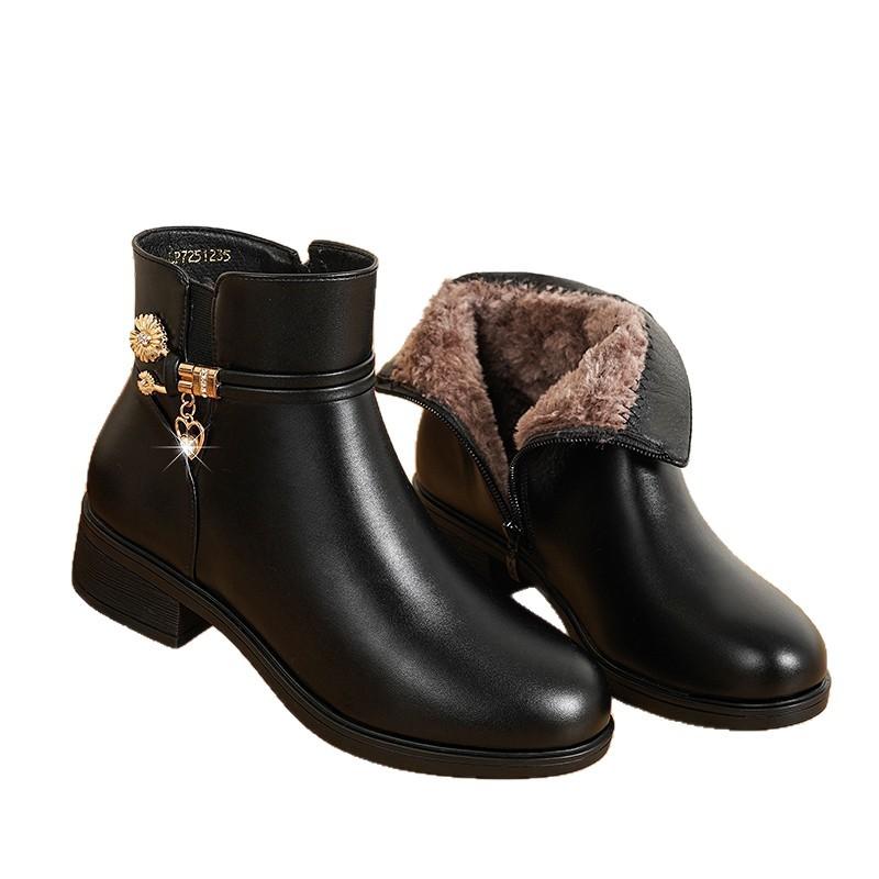 Mom Shoes Cotton Shoes Women's Autumn and Winter Velvet Women's Short Boots Women's Boots Leather Shoes Medium Heel Women's Shoes