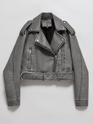 Spring Autumn Women Loose Zipper with Belt Retro Faux Leather Short Jacket Streetwear Female Chic Vintage Coat Outwear