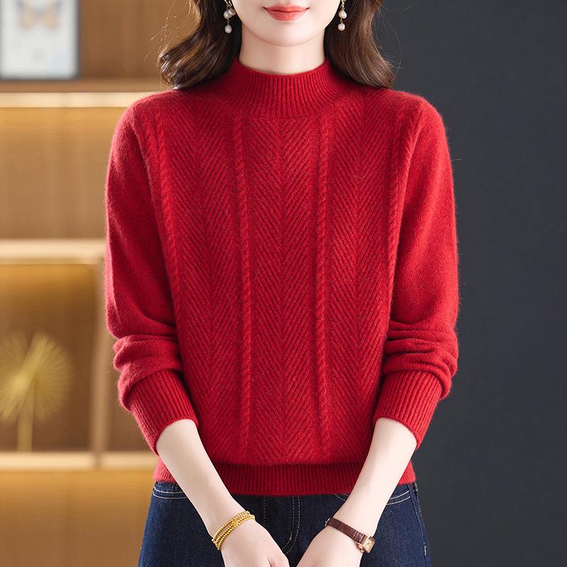 Stylish Autumn/Winter Women's Cashmere Sweater with Half-High Collar – Solid Color Thickened Wool Knitwear for Mid-Aged Mothers