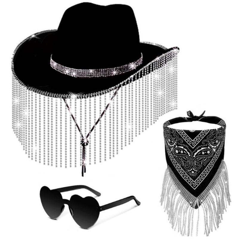

Stylish Cowgirl Hat Wide Brim Cowboy Hat with Square Neck Scarf & Glasses for Bachelorette Parties and Costume Event чорний