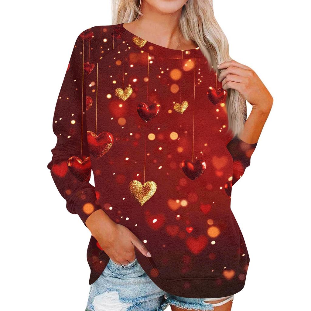 Damen Modisches Rundhals Schulter Langarm Valentinstag Bedrucktes Lässiges Pullover-Oberteil