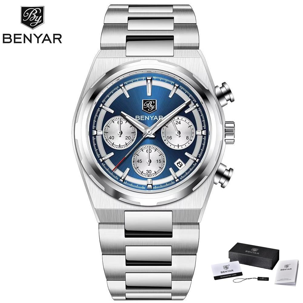 BENYAR 40MM Men's Multifunctional Quartz Watch 30M Waterproof Alloy Case Luxury Fashion Chronometer Running Second Watch