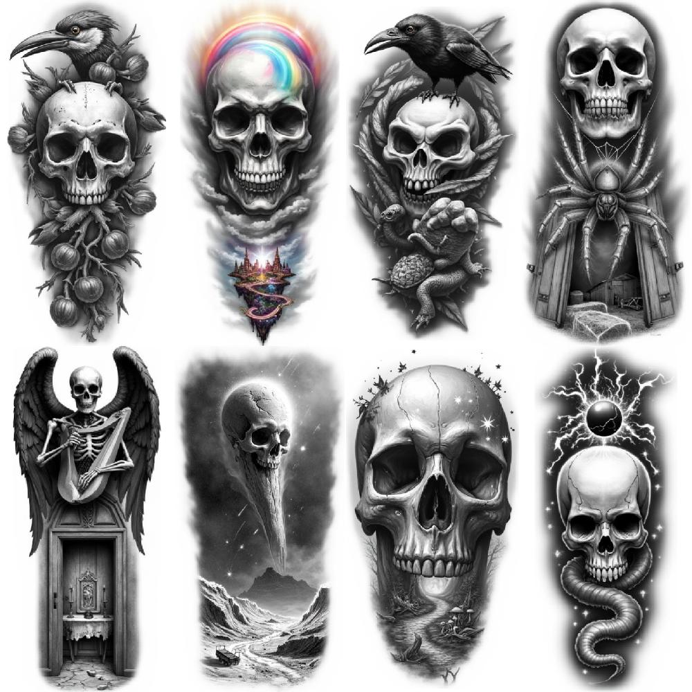3 Stück Temporäre Tattoos Wasserdicht Langlebig Körperaufkleber Totenkopf mit Krähe Totenkopf mit Spinne und Portal Skelett mit Flügeln Für