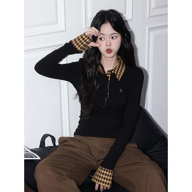 Haut d'automne pour femme à carreaux coupe slim fausse deux-pièces à manches longues et col polo