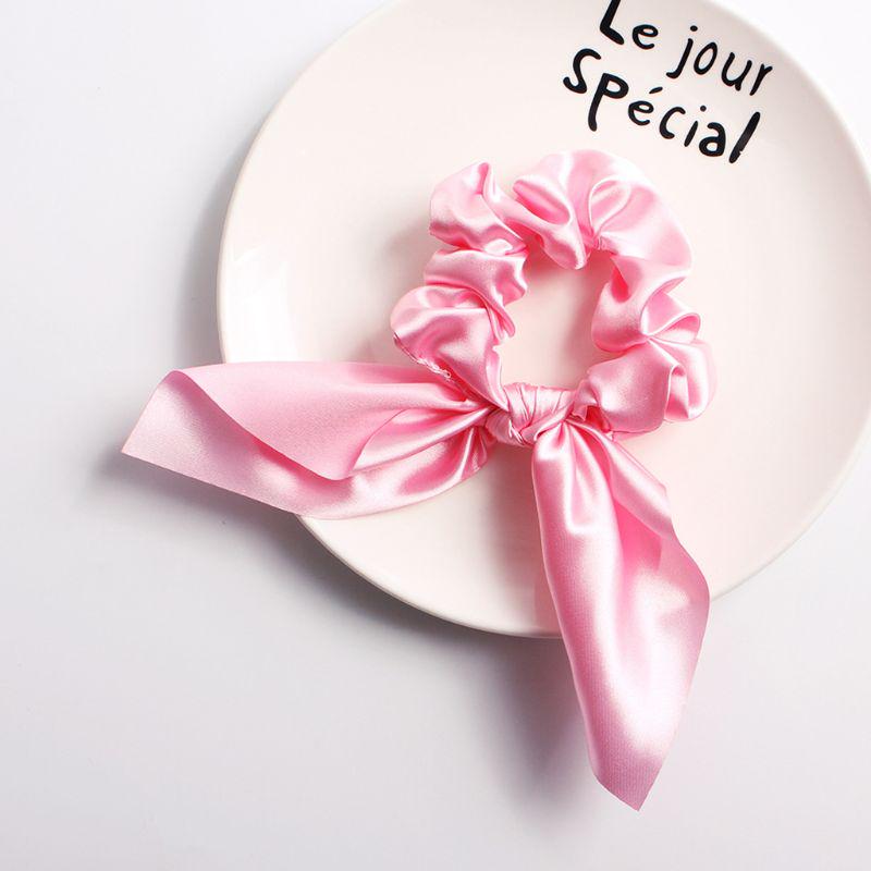 Solid Color  Satins Scrunchie With Bunnies Ears Design Soft Fabric Stretchy Hair Rope Accessories For Women Girls