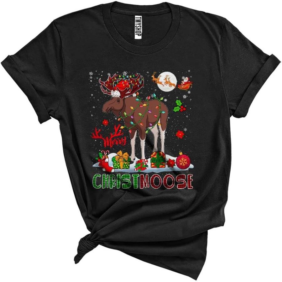 Merry Christmoose Funny Cute Christmas Lights Moose Plaid Santa Reindeer Xmas Moose Lover Unisex T-Shirt Black XXXXXL чёрный