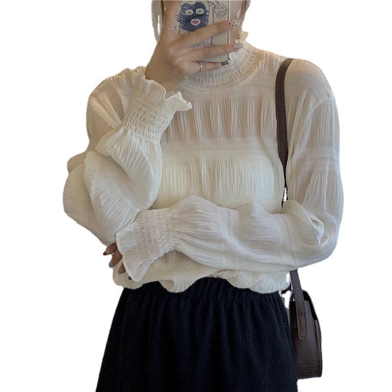 Koreanische Retro Chiffonbluse mit halbhohem Kragen für Damen - 2025 Frühling/Herbst Mittellanges Oberteil