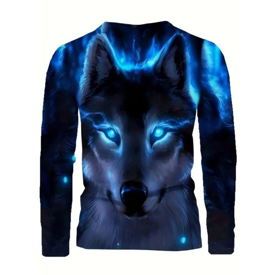 T Shirt for Mens Wolf Pattern Print Long Sleeve Leisure 3D Polyester Man's T-shirts